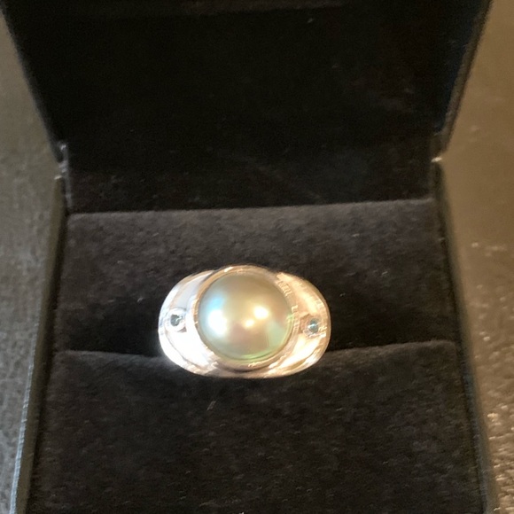 14K White Gold -Tahitian Pearl & Blue Diamond Ring - Picture 5 of 5